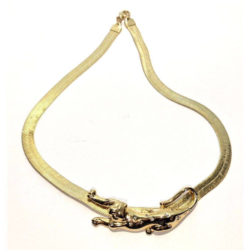 Leopard Panther Rhinestone Gold Tone Necklace - Picture 9 of 12